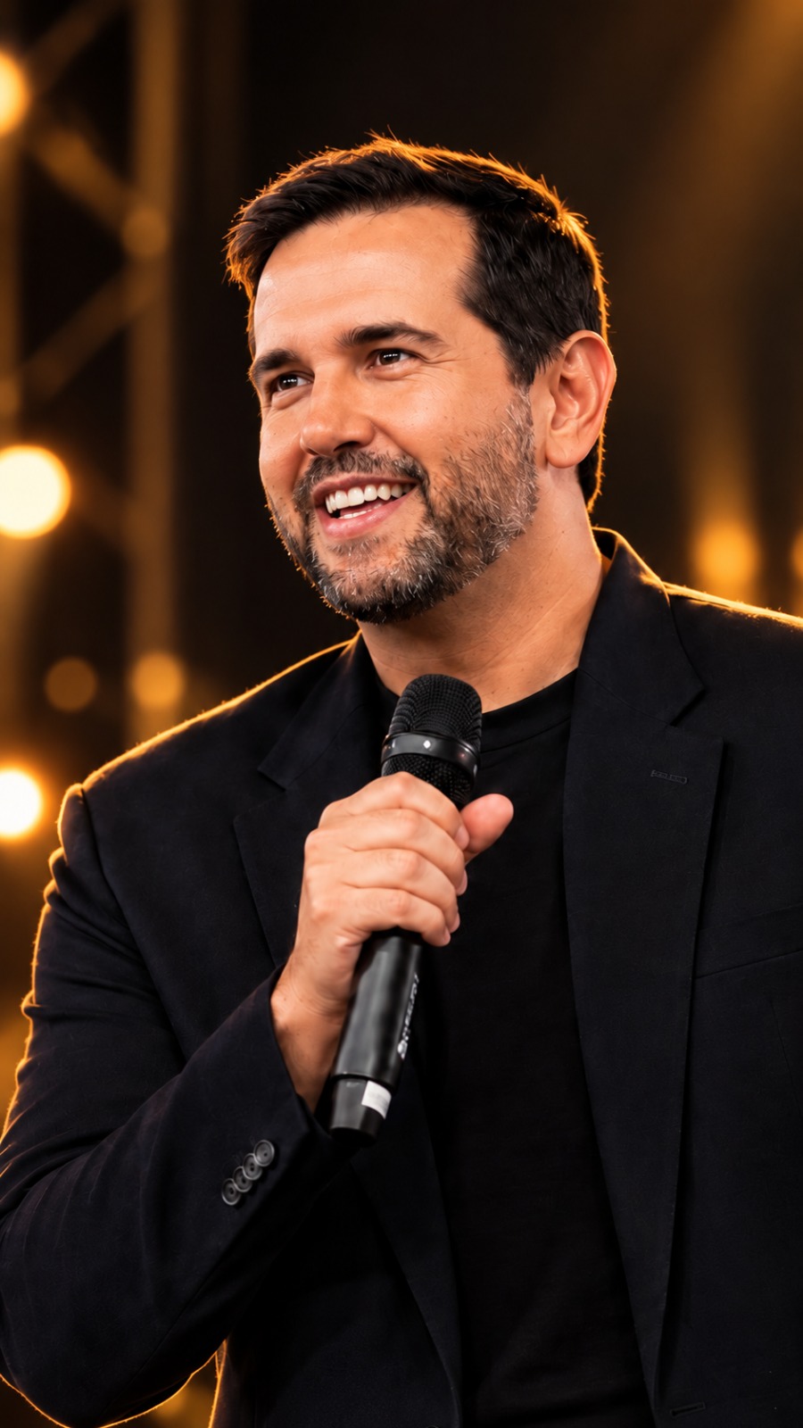 Dennis Penna palestrando com microfone na mão
